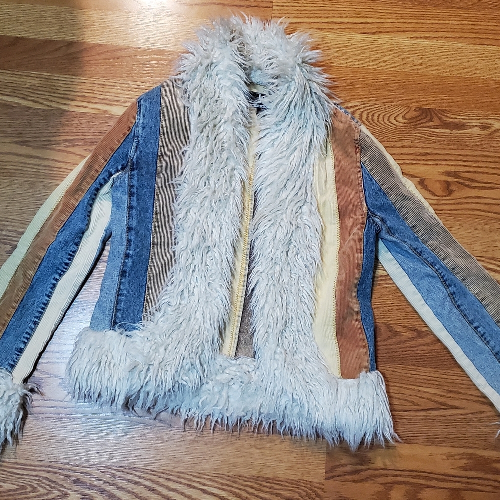 VINTAGE BLANC NOIR DENIM CORDUROY BOHO FAUX FUR JACKET BLUE TAN MEDIUM